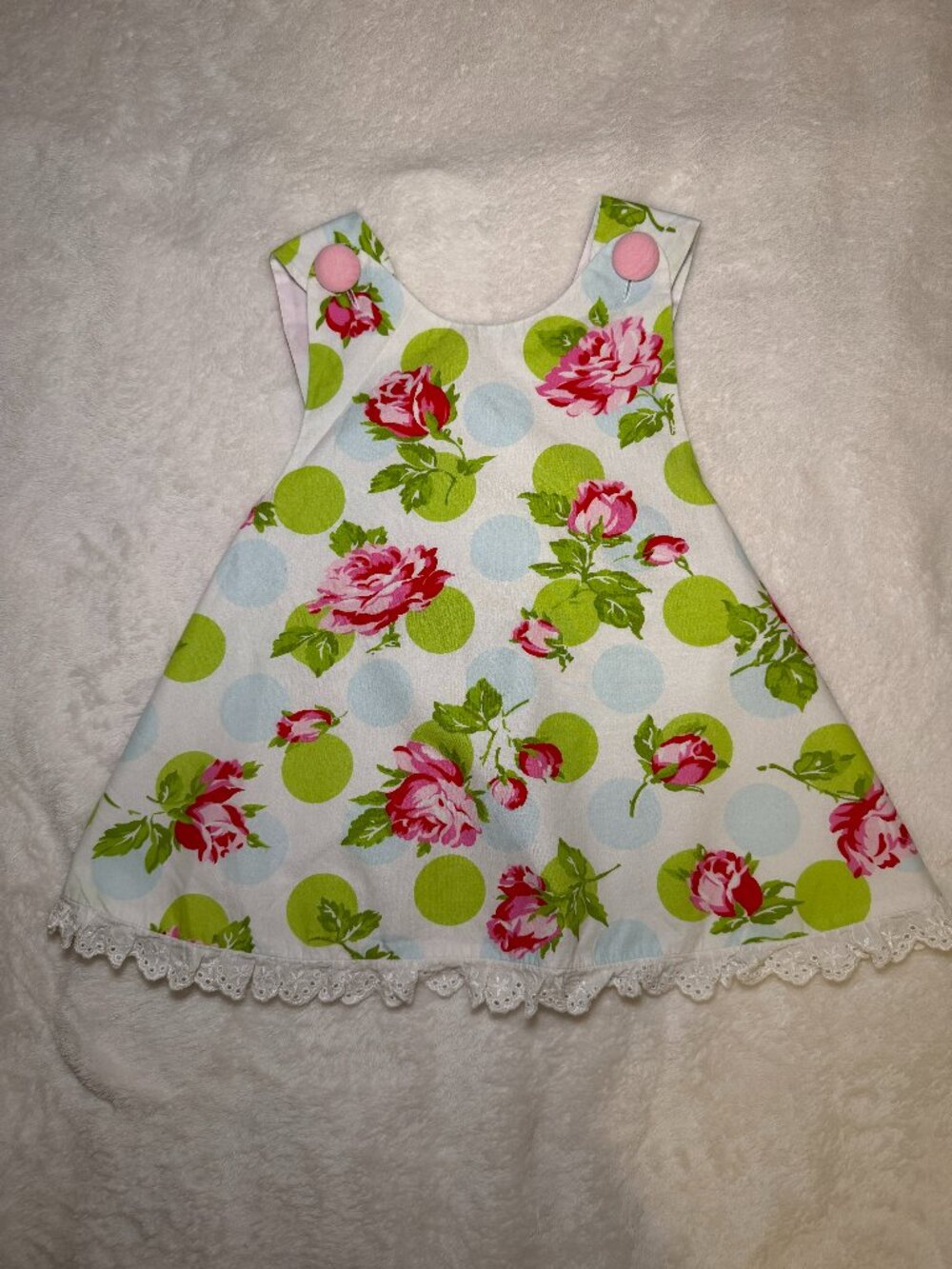 Three Sisters Roses Pastel Blue & Lime Polka Dots Toddler Smocked Sundress 18M